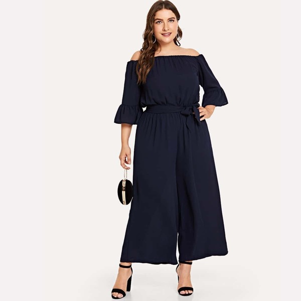 

Plus Trumpet Sleeve Belted Off Shoulder Jumpsuit, Navy