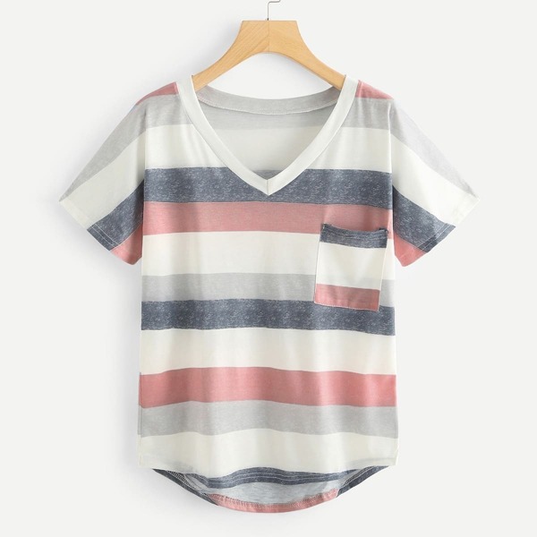 

Pocket Patched Dip Hem Striped Tee