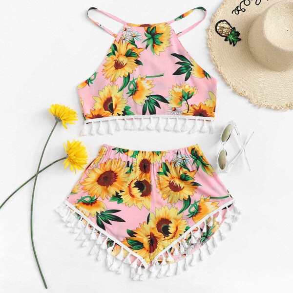 

Floral Print Fringe Hem Cami With Shorts