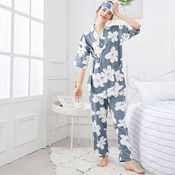 

Floral Print Wrap Pajama Set With Eye Mask, Multicolor