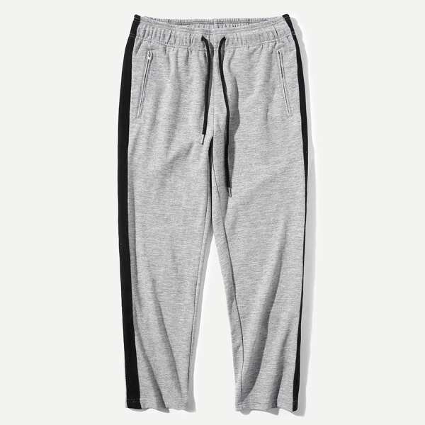 Men Zip Pocket Tape Drawstring Sweatpants, Grey