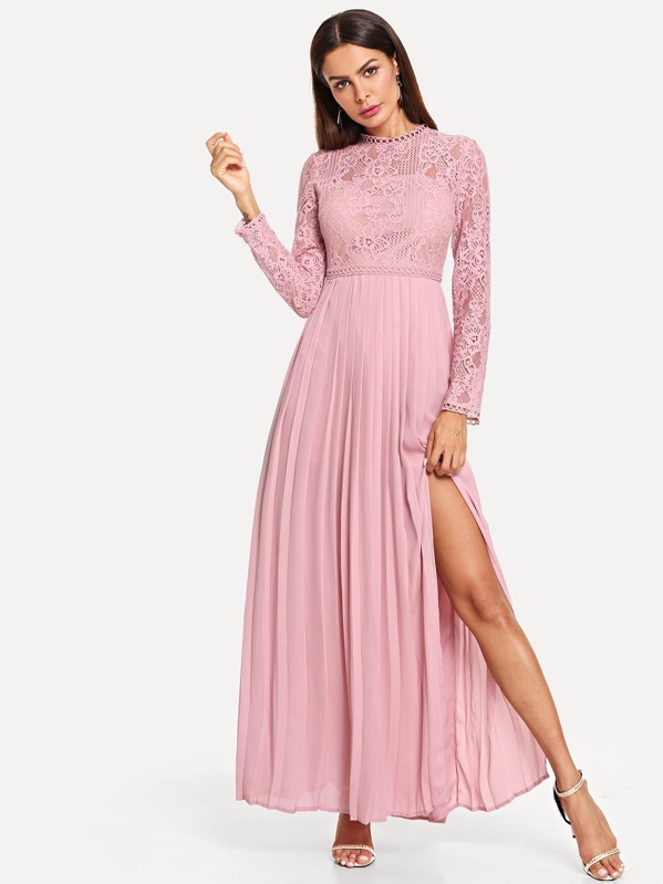 

Lace Bodice Pleated Panel Dress, Pink, Andy