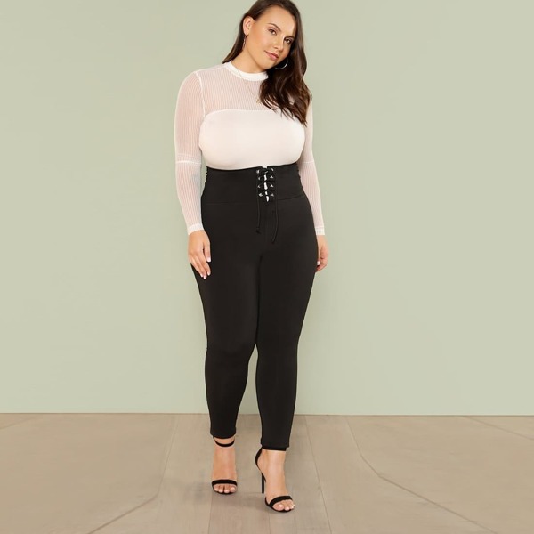

Plus Lace Up Wide Waistband Leggings, Black