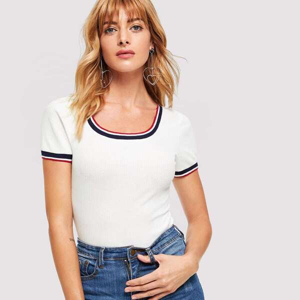 

Striped Trim Rib Knit Tee