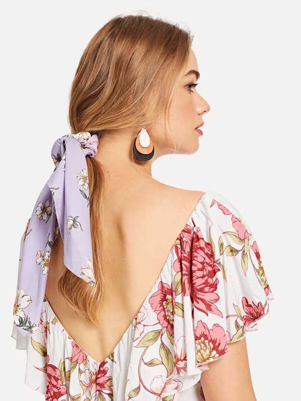 

Flower Print Knot Hair Tie, Purple