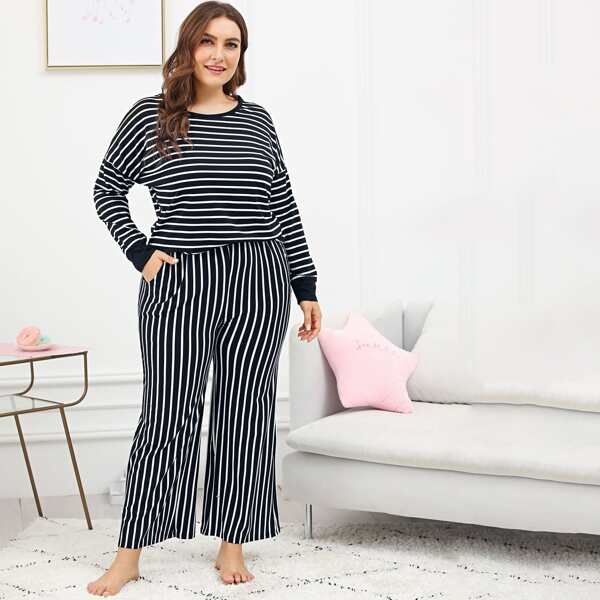 

Plus Drop Shoulder Striped Pajama Set