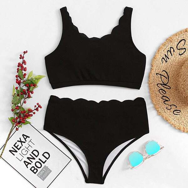 

Scalloped Trim Top With High Waist Bikini Set