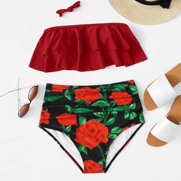 

Removable Strap Flounce Bandeau With Floral Bikini, Multicolor