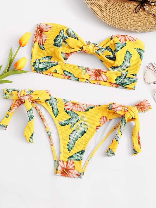 

Floral Print Cut-Out Top With Tie Side Bikini Set, Yellow