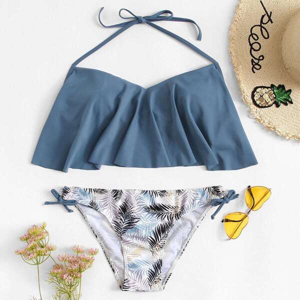 

Flounce Top With Tropical Tie Side Bikini Set, Multicolor