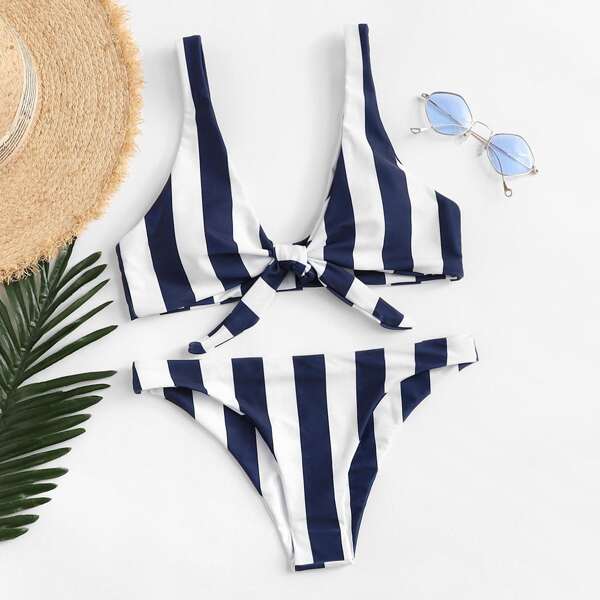 

Knot Front Striped Top With High Leg Bikini, Multicolor