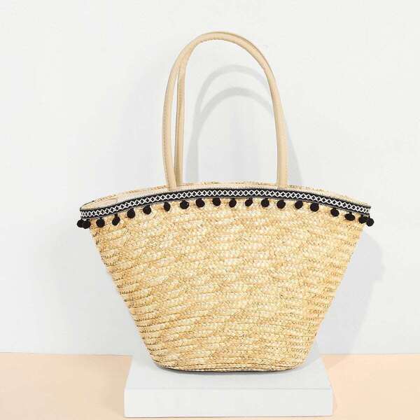 

Straw Tote Bag With Pom Pom, Beige