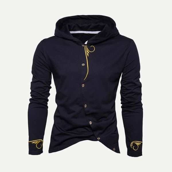 

Men Embroidery Asymmetric Hem Hooded Coat, Black