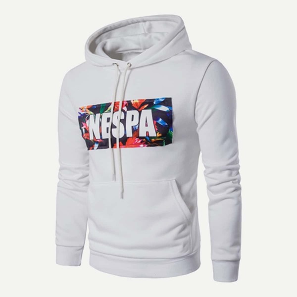 

Men Patch Letter Print Hooded Sweatshirt, White