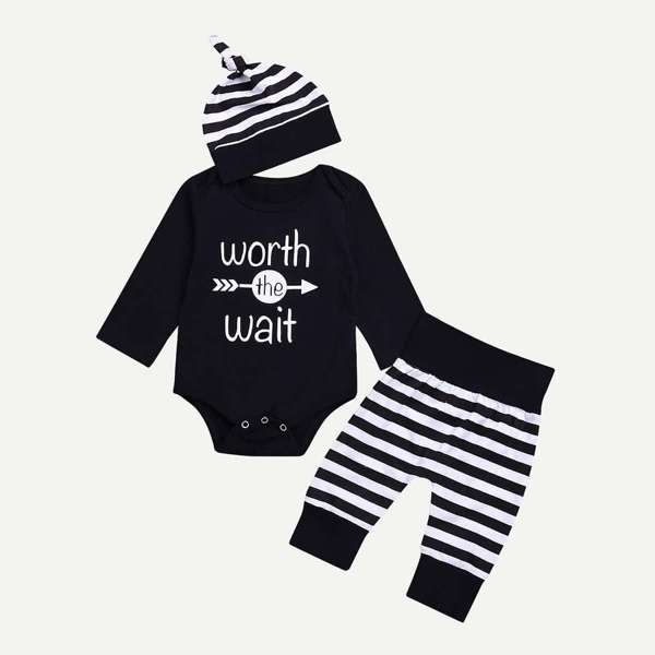 

Toddler Boys Letter Print Tee & Striped Pants Sets With Hat