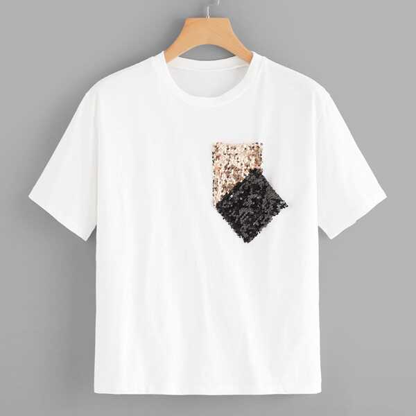

Contrast Sequin Pocket Tee, White