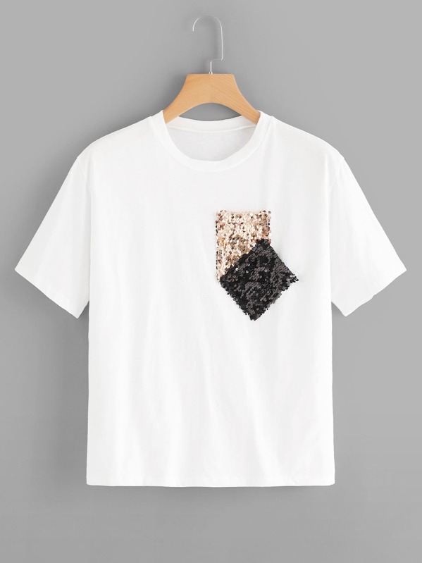 

Contrast Sequin Pocket Tee, White