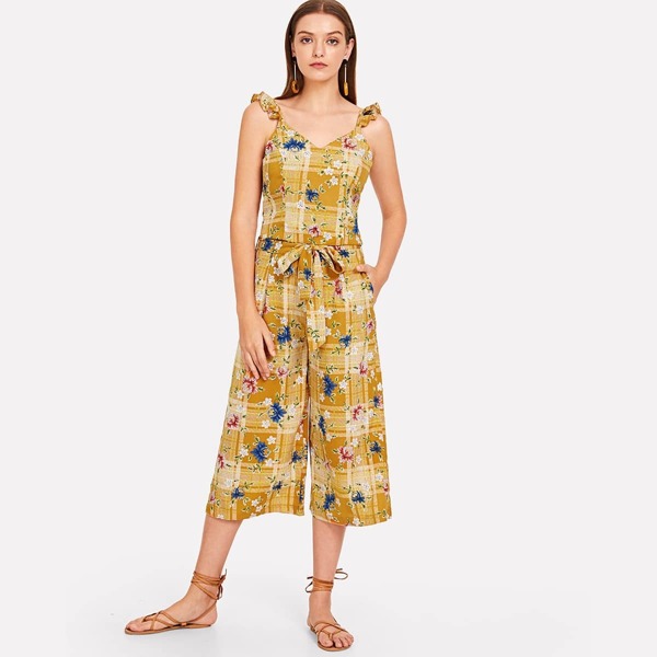 

Mixed Print Ruffle Strap Top & Crop Pants Set, Multicolor