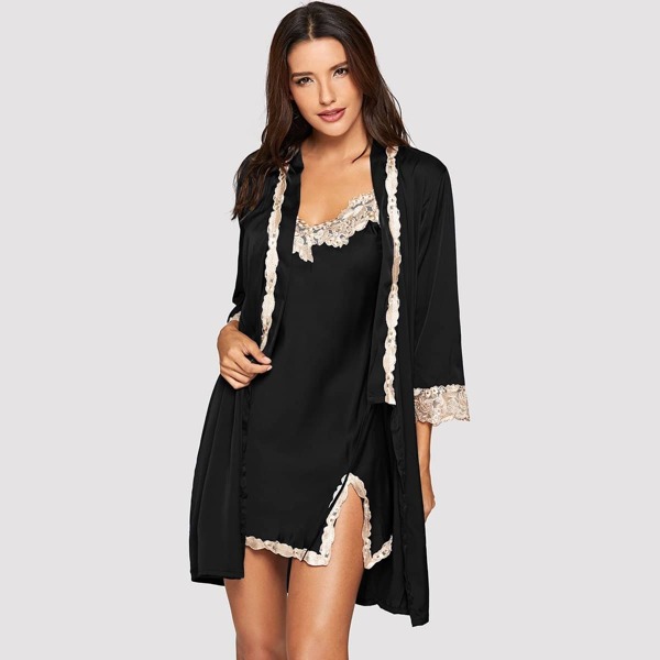 

Lace Trim Split Side Cami Dress With Robe