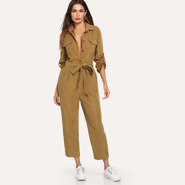 

Roll Tab Sleeve Button Front Self Belted Jumpsuit