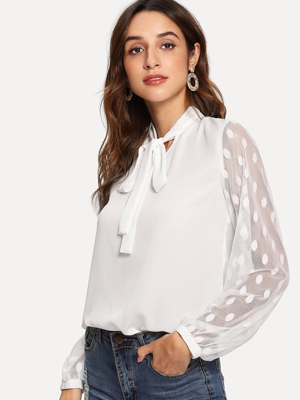

Dot Mesh Sleeve Tie Neck V-Cut Back Top, Gabi B