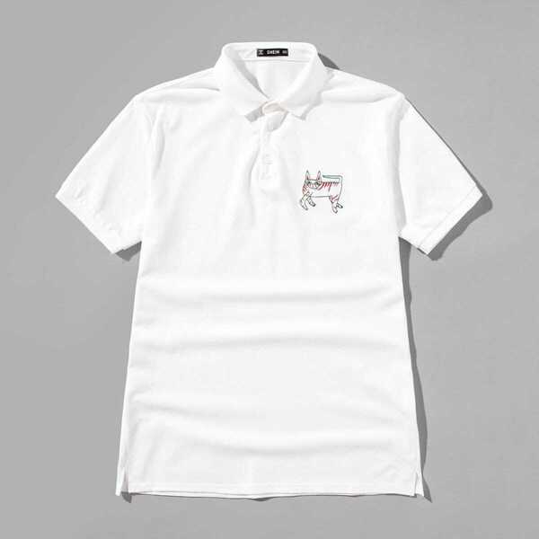 

Men Cat Print Polo Shirt, White