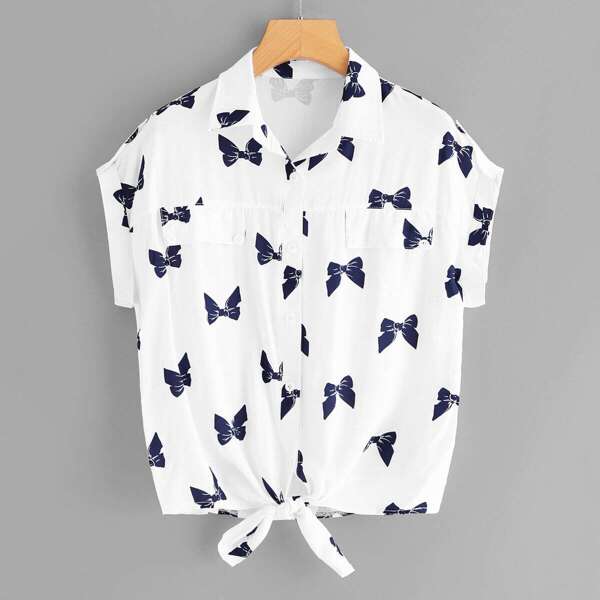 

Knotted Hem Bow Print Shirt