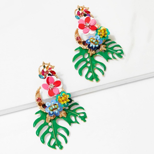 

Tropical Leaves & Sequin Flower Drop Earrings 1pair