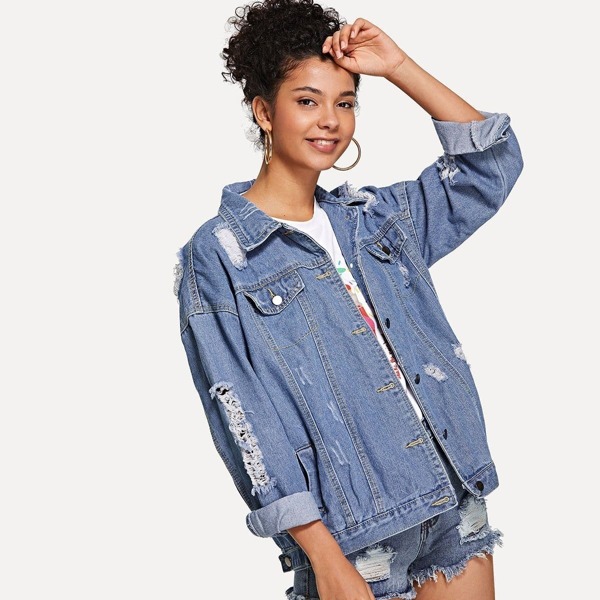 

Ripped Button Front Denim Jacket, Blue