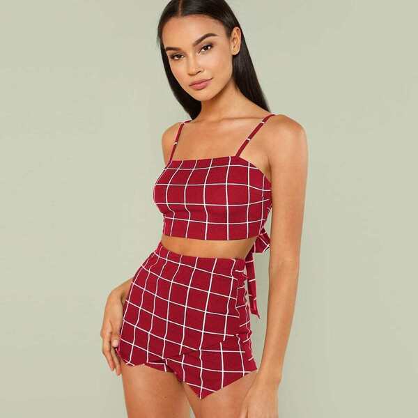 

Knot Back Plaid Cami Top & Shorts Set, Burgundy