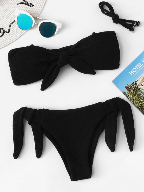 

Bandeau Top With Tie Side Bikini Set, Black