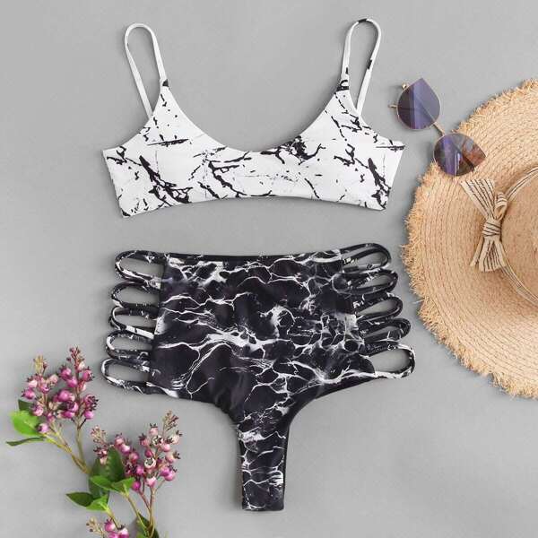 

Marble Print Top With Ladder Cut-Out Bikini