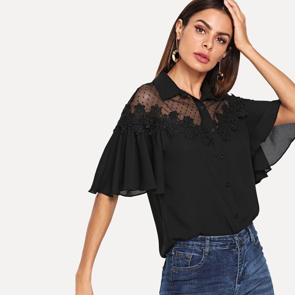 

Floral Lace Applique Flutter Sleeve Blouse