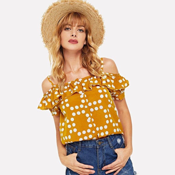 

Ruffle Trim Single Breasted Polka Dot Blouse