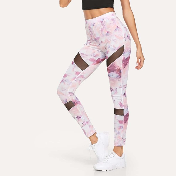 

Contrast Mesh Floral Print Skinny Leggings