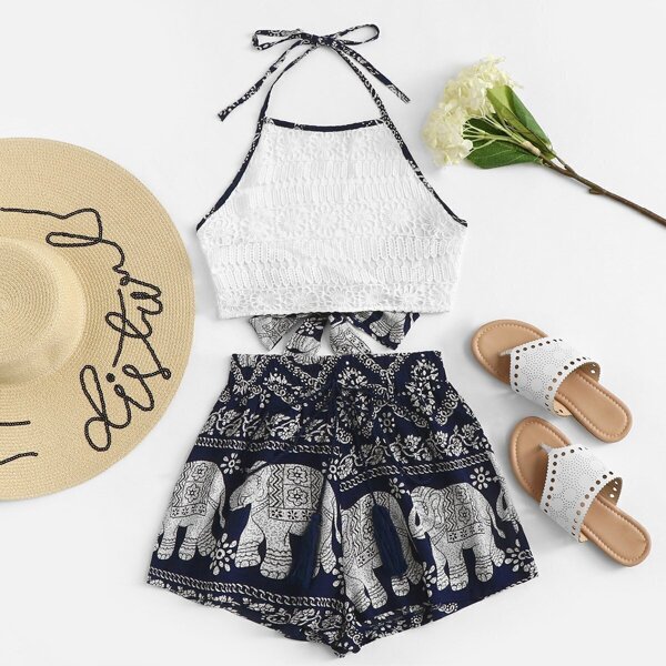 

Random Print Lace Knot Back Halter Top With Shorts