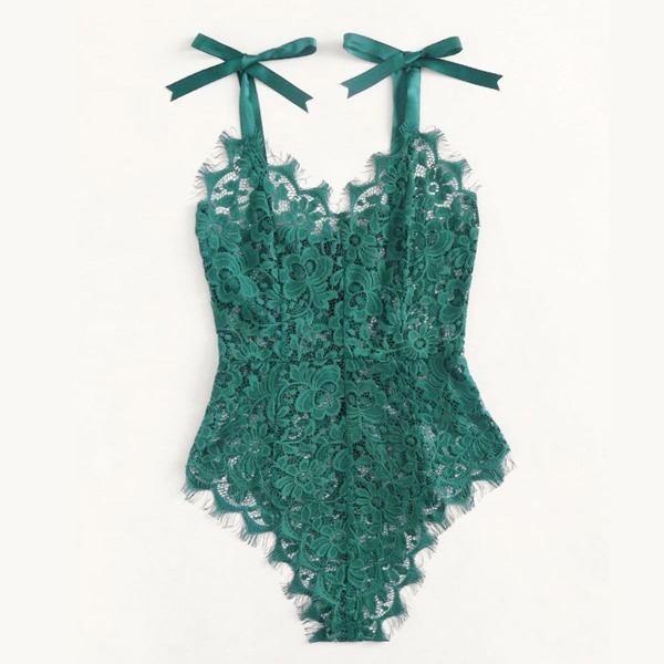 

Ribbon Tie Shoulder See Though Floral Lace Bodysuit