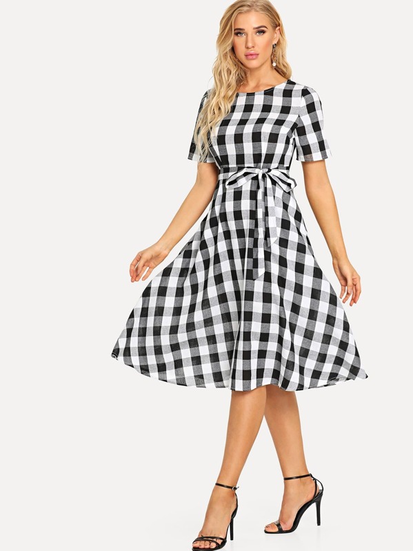

Tie Waist Fit & Flare Plaid Dress, SUSU