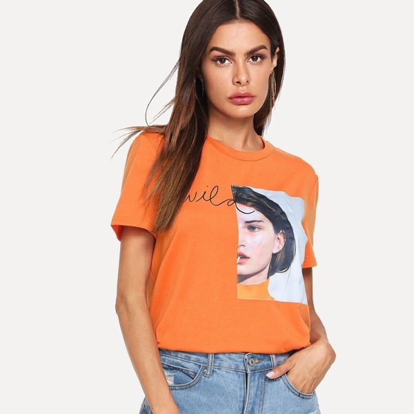 

Girl & Letter Graphic Tee, Orange bright
