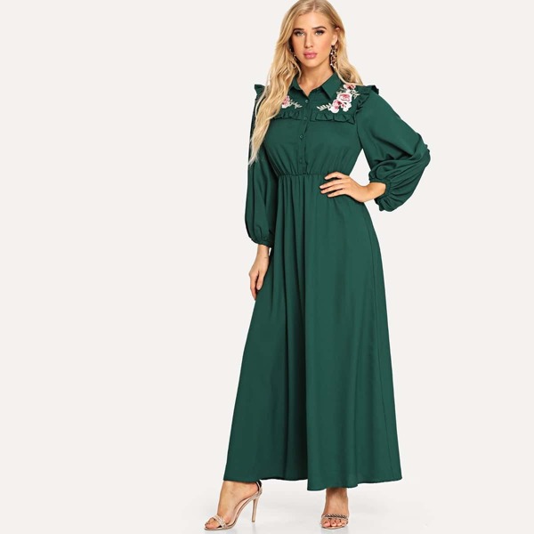 

Embroidered & Frill Yoke Lantern Sleeve Maxi Dress