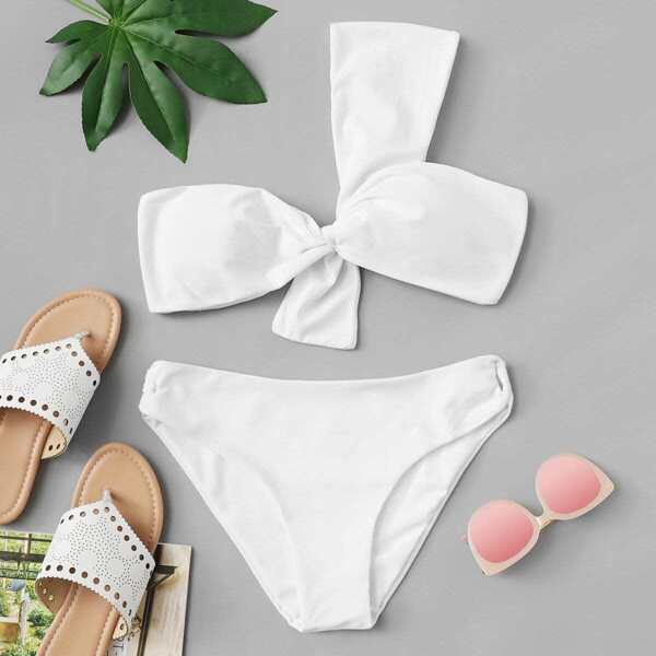 

Twist Design Plain Bikini Set, White