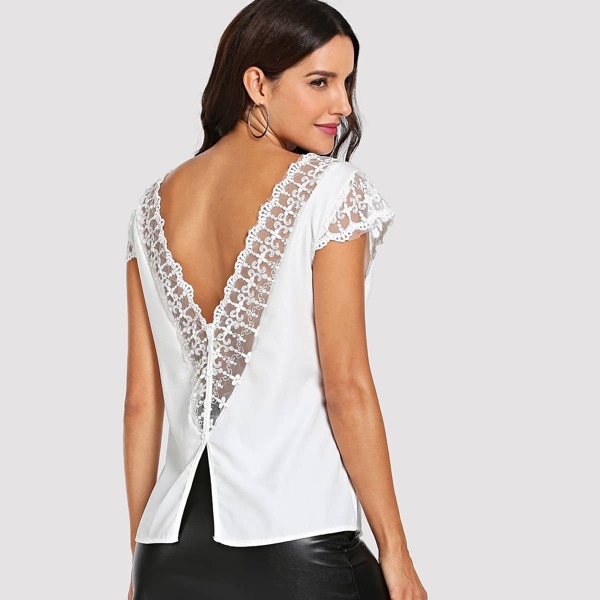 

Double V Neck Lace Mesh Split Blouse, White