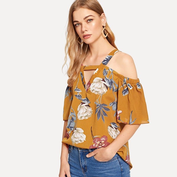 

Open Shoulder Cut Out Floral Blouse