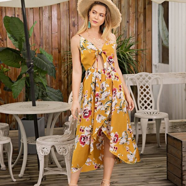 

Floral Print Knot Front Cut Out Asymmetrical Hem Dress