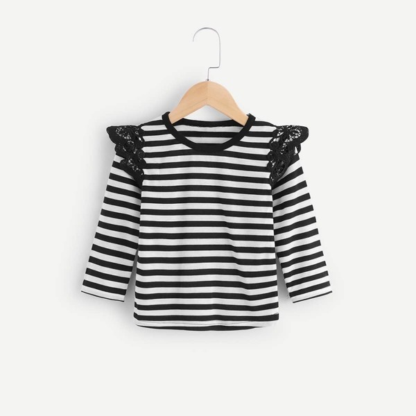 

Toddler Girls Contrast Lace Striped Tee, Black and white