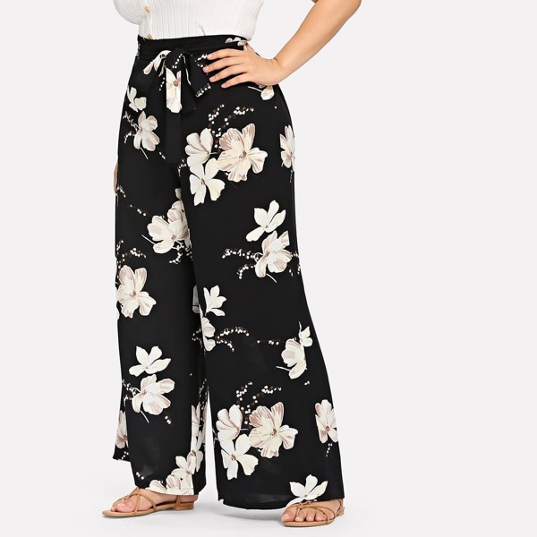 

Plus Belted Floral Print Pants, Multicolor