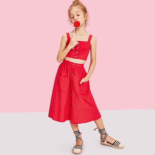 Girls Button Up Crop Top & Pocket Front Skirt Set, Red