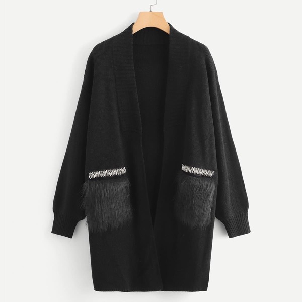 

Faux Fur Pocket Patched Beaded Cardigan