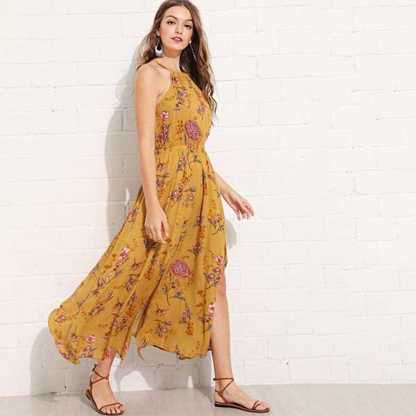 

Elastic Waist Halter Neck Floral Dress, Yellow
