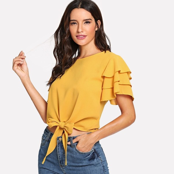 

Tiered Ruffle Sleeve Bow Tie Front Top, Yellow